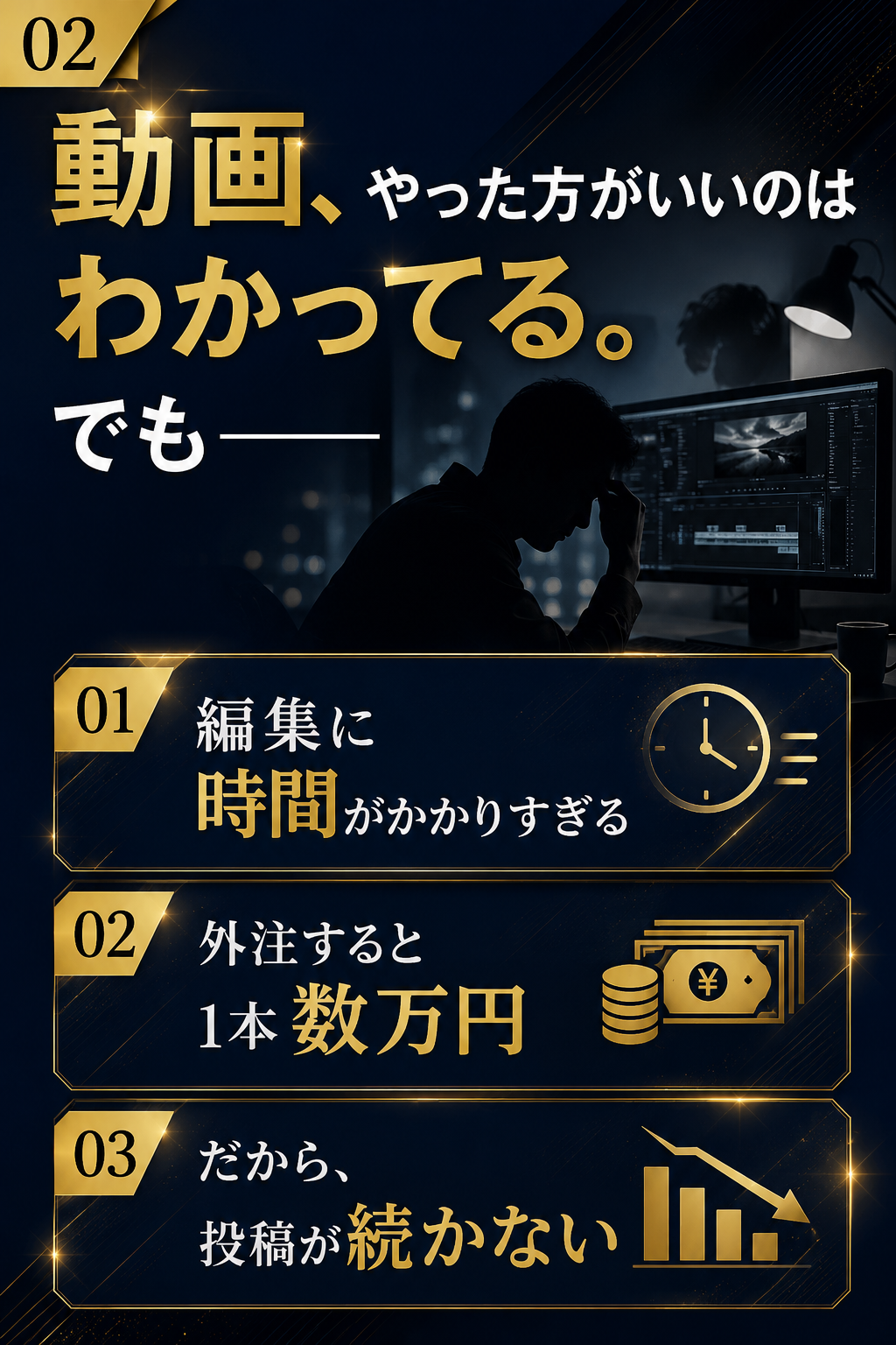 動画、やった方がいいのはわかってる。でも——編集に時間がかかりすぎる／外注すると1本数万円／だから、投稿が続かない