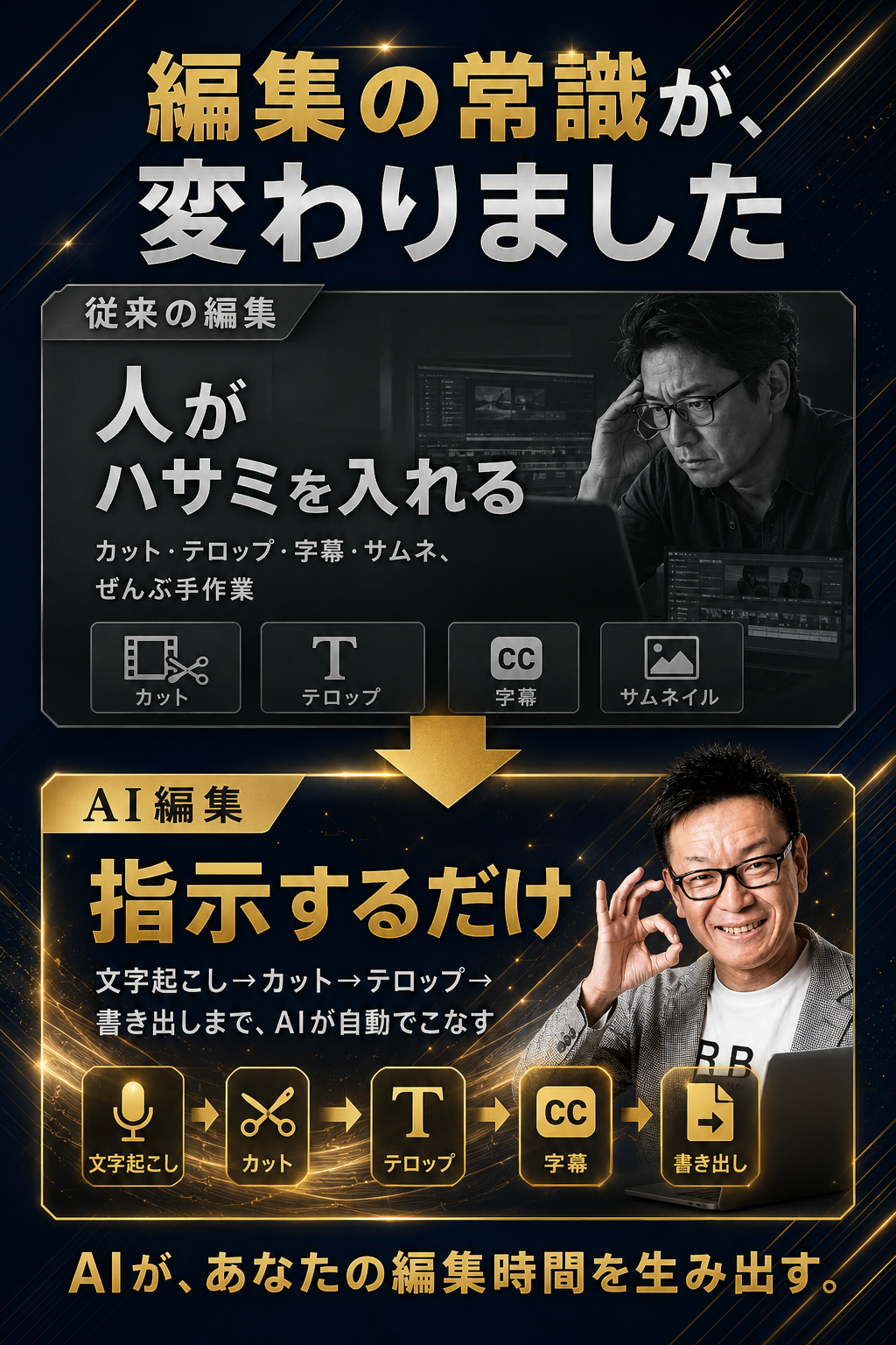 編集の常識が、変わりました。従来の編集=人がハサミを入れる vs AI編集=指示するだけ