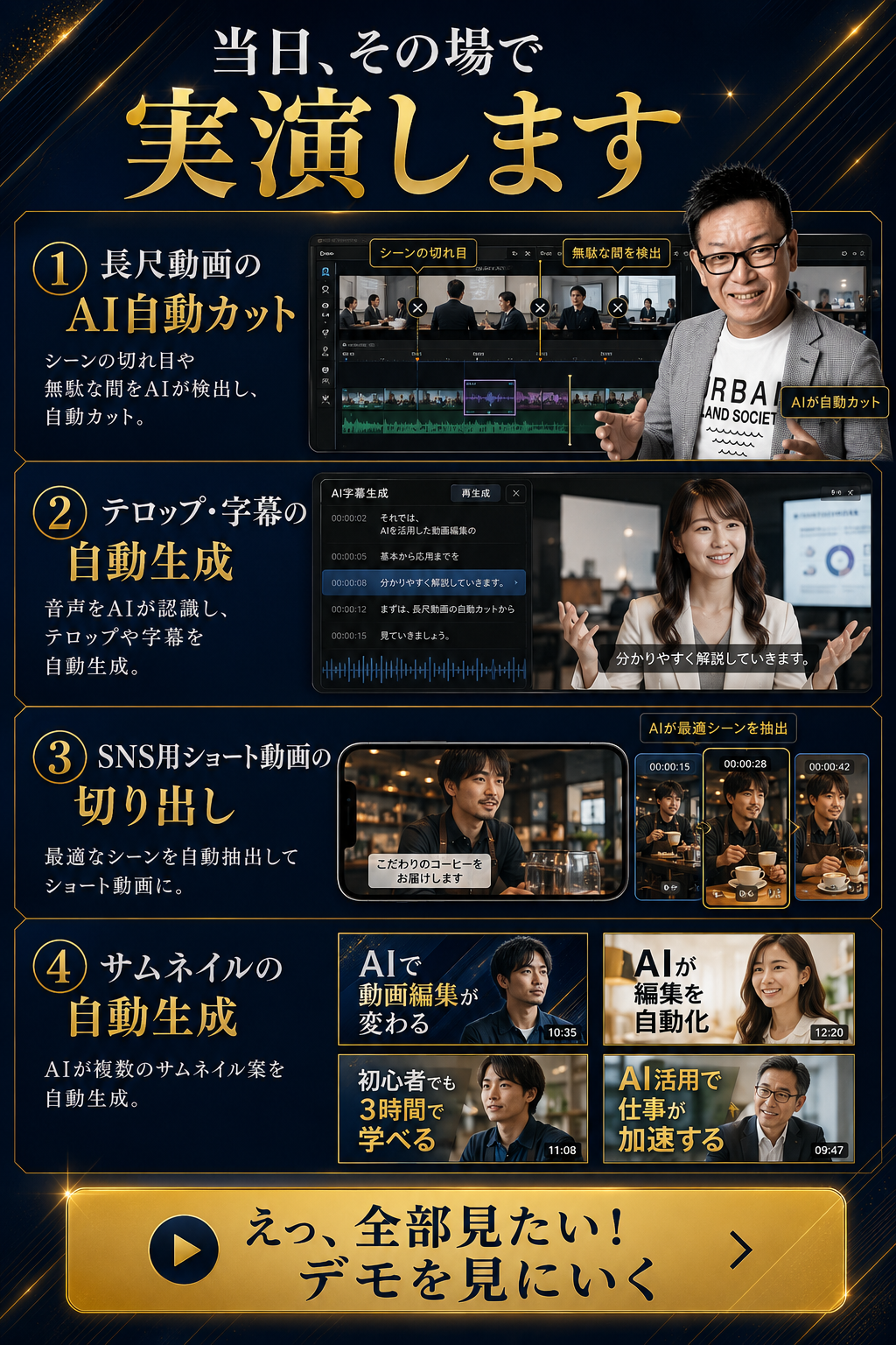 当日その場で実演：長尺動画のAI自動カット／テロップ・字幕の自動生成／SNS用ショート動画の切り出し／サムネイルの自動生成